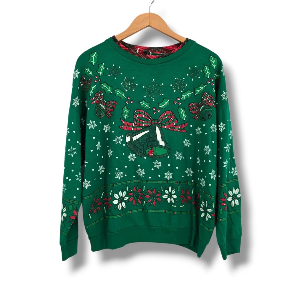 Nutcracker Vintage Christmas Sweatshirt Green Plaid Collar Bells Poinsettia M